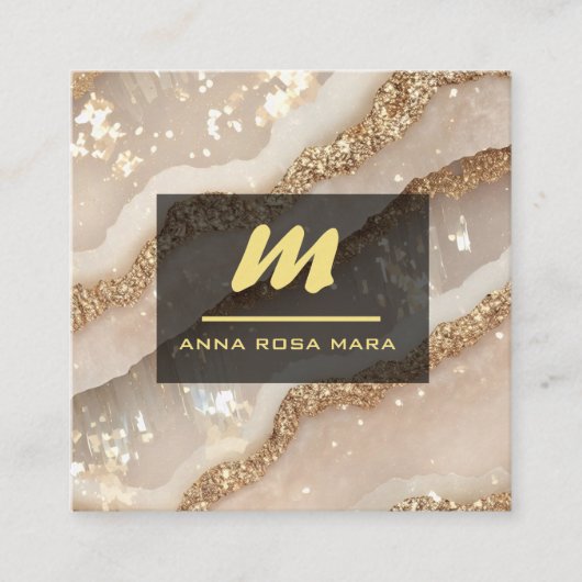 *~* Ivoor QR Agaat Zwart Goud Glitter Initiaal AP6 Vierkante Visitekaartje (Voorkant)