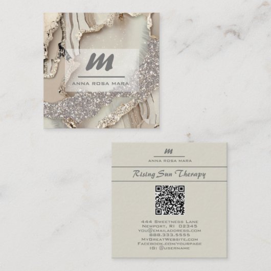 *~* Ivoor QR Agate Mauve Luxe Glitter Initiaal AP6 Vierkante Visitekaartje (Voorkant / Achterkant)