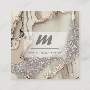 *~* Ivoor QR Agate Mauve Luxe Glitter Initiaal AP6 Vierkante Visitekaartje