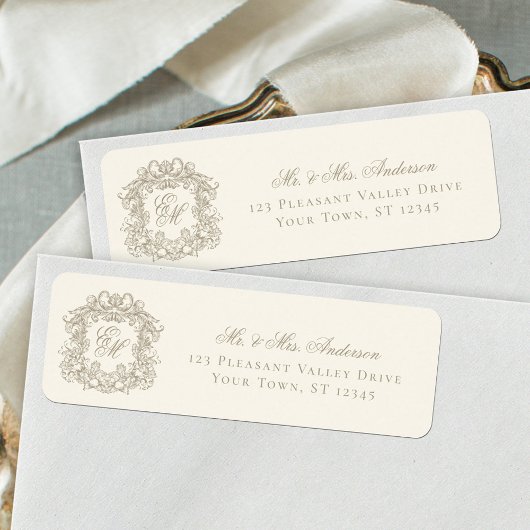 Ivoor Retouradres Monogram Crest Trouwlabel Etiket