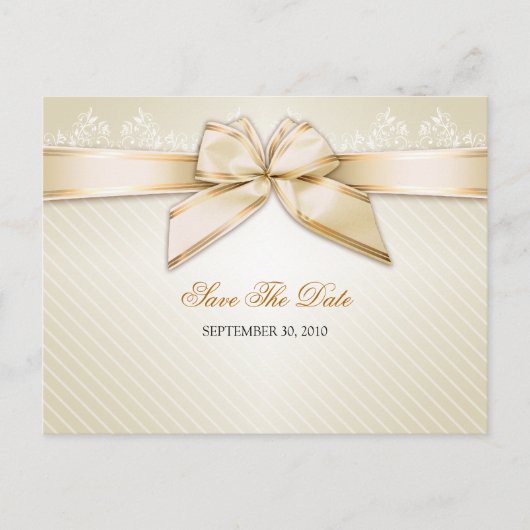 Ivoor Ribbon Gold Stripes Wedding Save the Date V2 Aankondigingskaart (Voorkant)