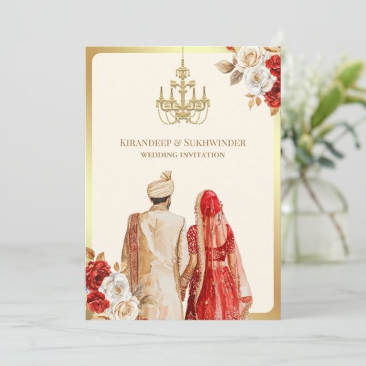 Ivoor Rode Rozen Bloemen Anand Karaj Sikh Bruiloft Kaart (Staand voorkant)