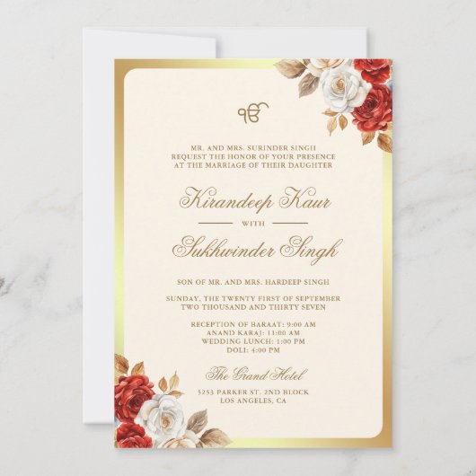 Ivoor Rode Rozen Bloemen Anand Karaj Sikh Bruiloft Kaart (Achterkant)