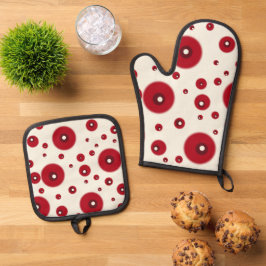 Ivoor Rode Stippen Funky Whimsical Cirkelpatroon  Ovenwant & Pannenlap Set