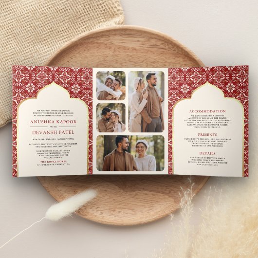 Ivoor rood patroon Alles in een Indiase bruiloft Drieluik Uitnodiging