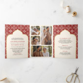Ivoor rood patroon Alles in een Indiase bruiloft Drieluik Uitnodiging (Binnen)