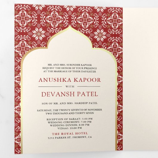 Ivoor rood patroon Alles in een Indiase bruiloft Drieluik Uitnodiging (Binnenzijde eerst)