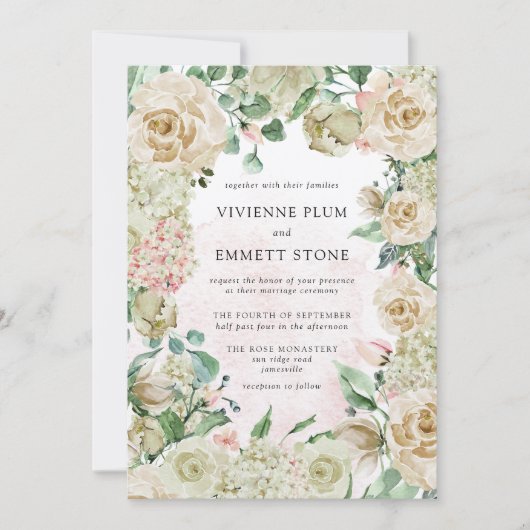  Ivoor Roos Hydrangea Floral Wedding Kaart (Voorkant)
