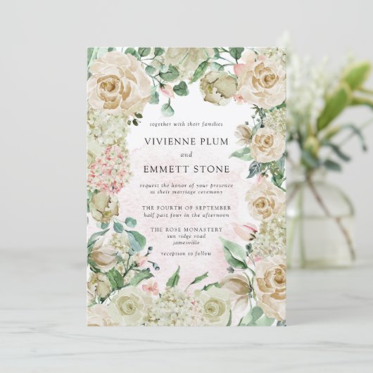  Ivoor Roos Hydrangea Floral Wedding Kaart (Staand voorkant)