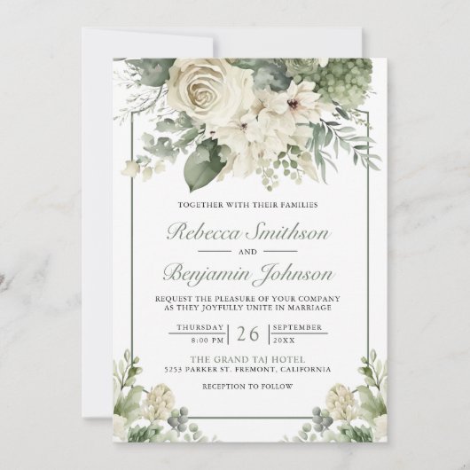 Ivoor Roos Sage Groen Bloemen Foto QR Code Bruilof Kaart (Voorkant)