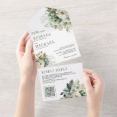 Ivoor Roos Sage Groen Bloemen QR Code Bruiloft All In One Uitnodiging (Afscheurbaar)