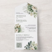 Ivoor Roos Sage Groen Bloemen QR Code Bruiloft All In One Uitnodiging (Binnen)