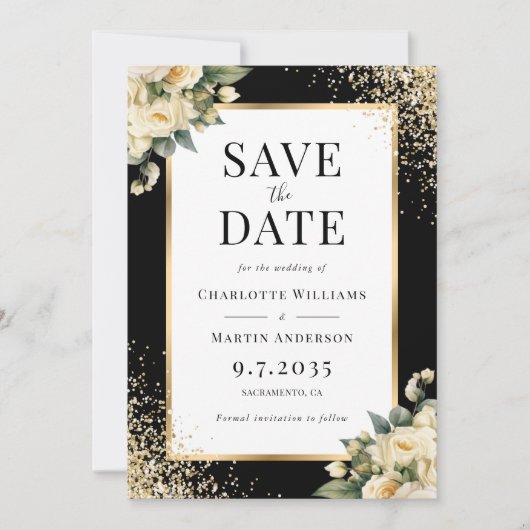 Ivoor Roos Zwart Goud Confetti Bloemen Huwelijk Save The Date (Voorkant)