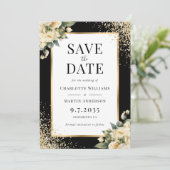Ivoor Roos Zwart Goud Confetti Bloemen Huwelijk Save The Date (Staand voorkant)