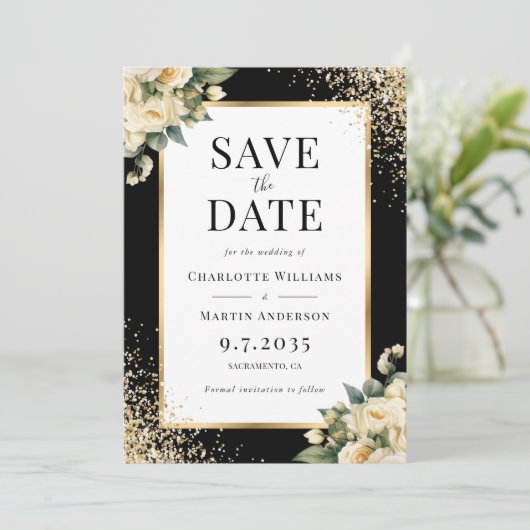 Ivoor Roos Zwart Goud Confetti Bloemen Huwelijk Save The Date (Staand voorkant)