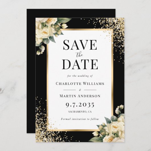 Ivoor Roos Zwart Goud Confetti Bloemen Huwelijk Save The Date (Voorkant / Achterkant)