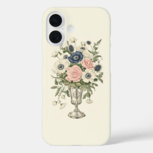  ivoor roze blauw mauve groene bloemen iPhone 16 hoesje