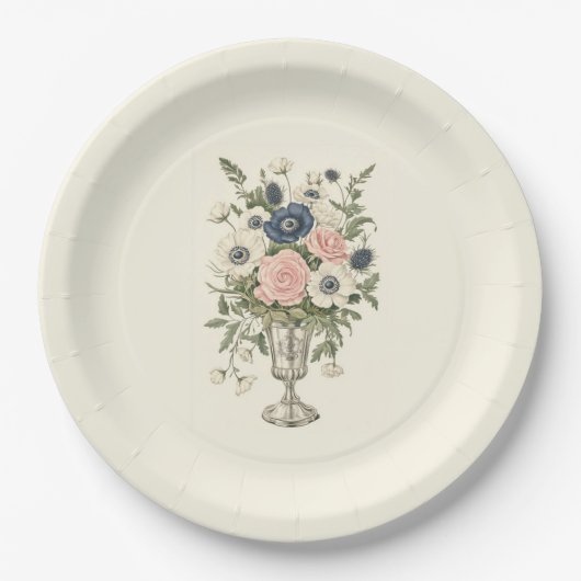 ivoor roze blauw mauve groene bloemen papieren bordje (Voorkant)