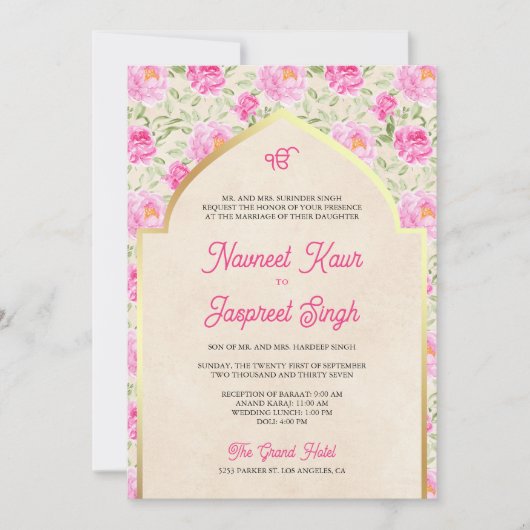 Ivoor roze bloemenfoto Anand Karaj sikh bruiloft Kaart (Voorkant)