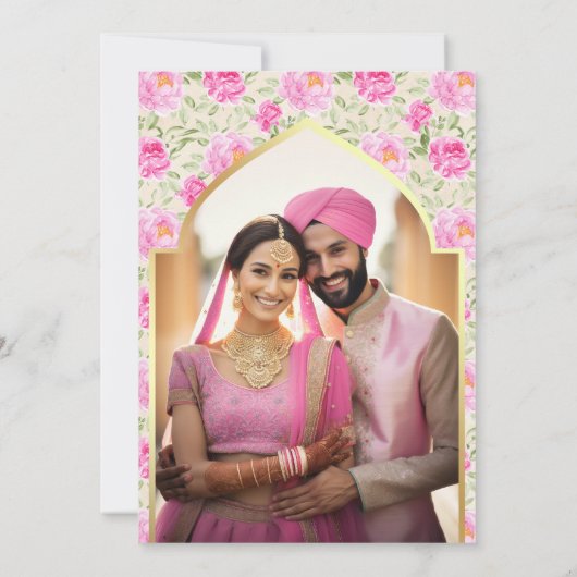 Ivoor roze bloemenfoto Anand Karaj sikh bruiloft Kaart (Achterkant)