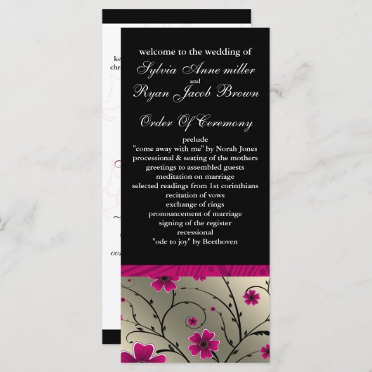 Ivoor roze en zwarte bloemen Wedding programma Programmakaart (Voorkant / Achterkant)