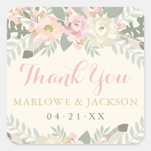 Ivoor Roze Gouden Bloem Boho Dankjewel Monogram Vierkante Sticker