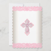 Ivoor Roze Kant Diamanten Kruis Foto Doop Kaart (Achterkant)