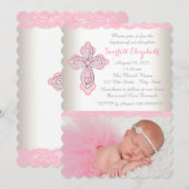 Ivoor Roze Kant Diamanten Kruis Foto Doop Kaart (Voorkant / Achterkant)