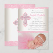 Ivoor Roze Kant Diamanten Kruis Foto Doop Kaart (Voorkant / Achterkant)