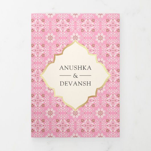 Ivoor Roze Patroon Alles in Een Indiase bruiloft Drieluik Uitnodiging (Cover)