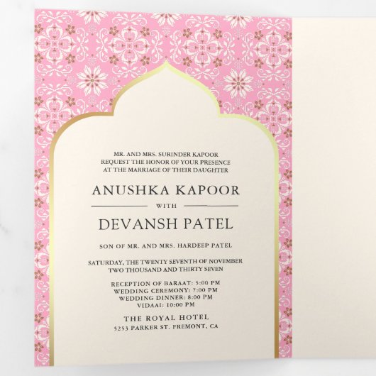 Ivoor Roze Patroon Alles in Een Indiase bruiloft Drieluik Uitnodiging (Binnenzijde eerst)