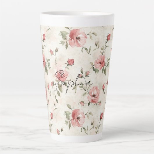 Ivoor Roze Rozen Bloemstuk Latte Mok (Voorkant)