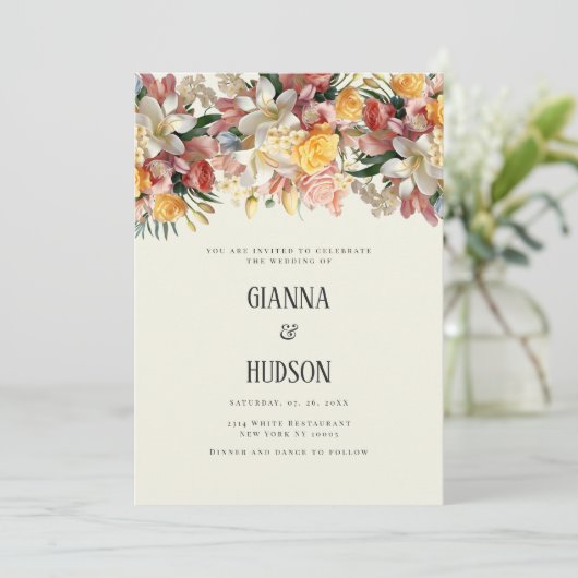 Ivoor roze rozen lelies orchideeën bloemenbruiloft kaart (Staand voorkant)