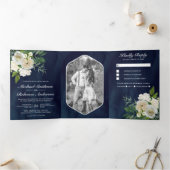 Ivoor Rozen Botanische foto Navy Blue bruiloft Drieluik Uitnodiging (Binnen)