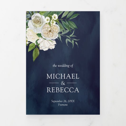 Ivoor Rozen Botanische foto Navy Blue bruiloft Drieluik Uitnodiging (Cover)