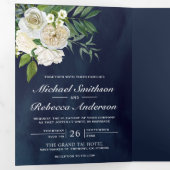Ivoor Rozen Botanische foto Navy Blue bruiloft Drieluik Uitnodiging (Binnenzijde eerst)