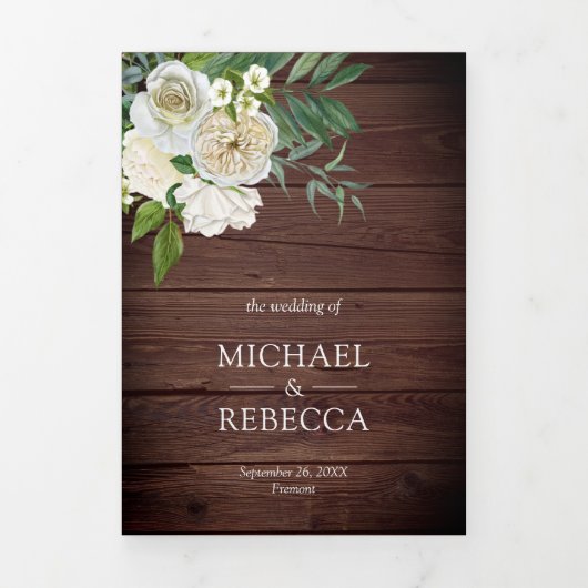 Ivoor Rozen Botanische Foto Rustieke Houten Bruilo Drieluik Uitnodiging (Cover)