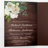 Ivoor Rozen Botanische Foto Rustieke Houten Bruilo Drieluik Uitnodiging (Binnenzijde eerst)