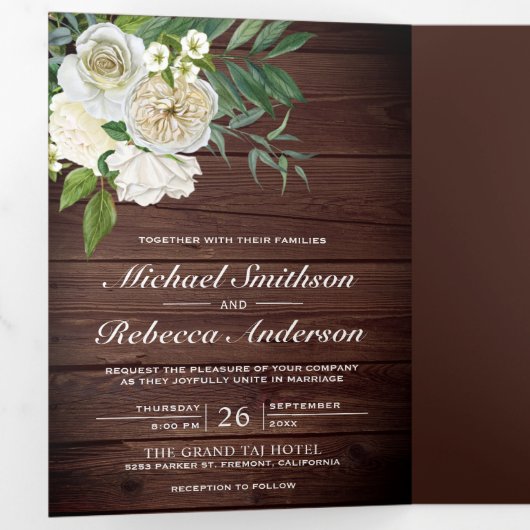 Ivoor Rozen Botanische Foto Rustieke Houten Bruilo Drieluik Uitnodiging (Binnenzijde eerst)