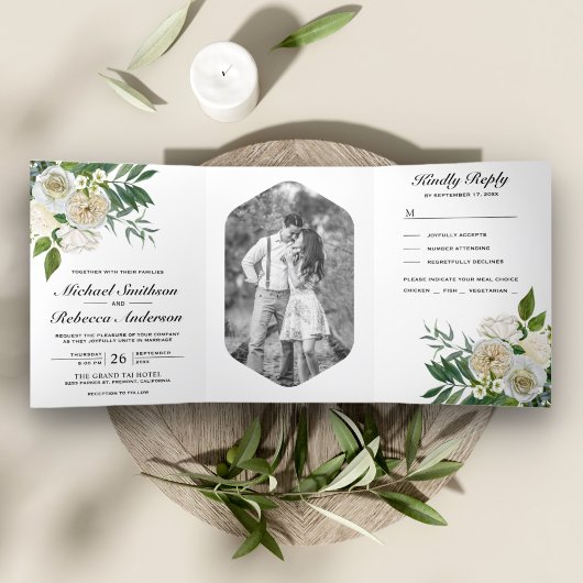 Ivoor Rozen Botanische foto Wit Bloemen Bruiloft Drieluik Uitnodiging