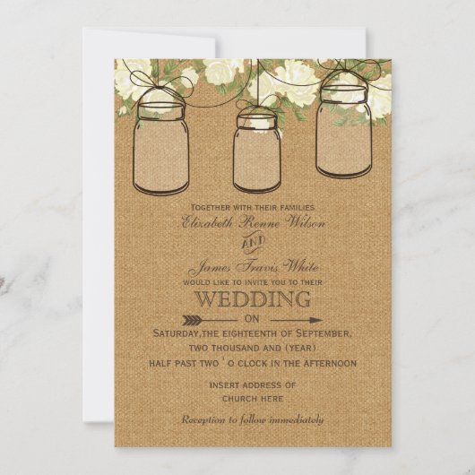 ivoor rozen burlap mason jar bruiloft nodigt uit kaart (Voorkant)