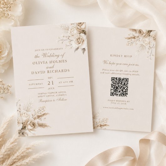 Ivoor Rozen Champagne Beige QR Code RSVP Trouwen Kaart