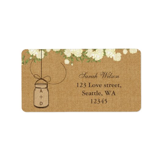 ivoor rozen mason jar address label rustige burlap (Voorkant)