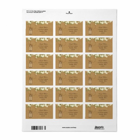 ivoor rozen mason jar address label rustige burlap (Full Sheet)