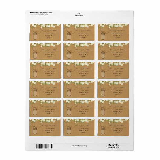 ivoor rozen mason jar address label rustige burlap (Full Sheet)