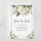 Ivoor Sage Groene Bloemen QR Code Foto Huwelijk Save The Date (Voorkant)