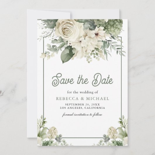 Ivoor Sage Groene Bloemen QR Code Foto Huwelijk Save The Date (Voorkant)