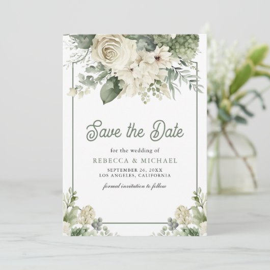 Ivoor Sage Groene Bloemen QR Code Foto Huwelijk Save The Date (Staand voorkant)