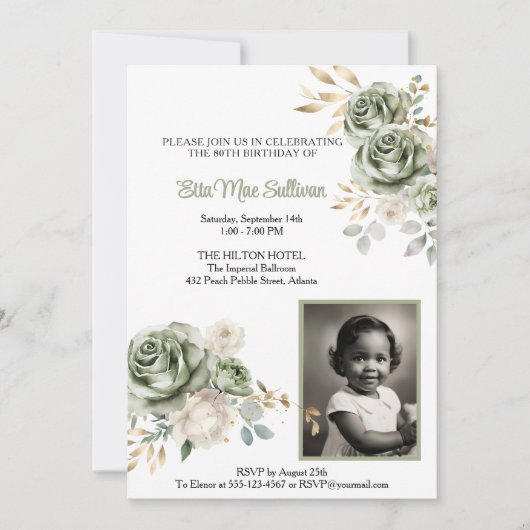 Ivoor Sage groene Rozen Bloemen 80ste verjaardag F Kaart (Voorkant)