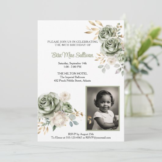 Ivoor Sage groene Rozen Bloemen 80ste verjaardag F Kaart (Staand voorkant)
